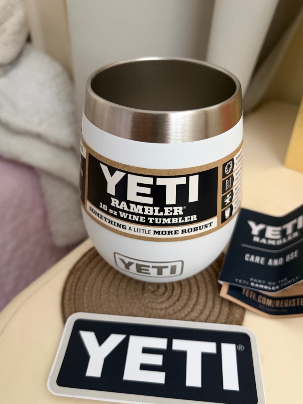 Yeti Rambler 10 oz Wine Tumbler in White with Silver Rim